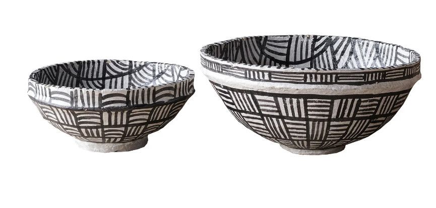 Large Black & White Geometric Paper Mache Bowl from India 16"Dia. x 7"H