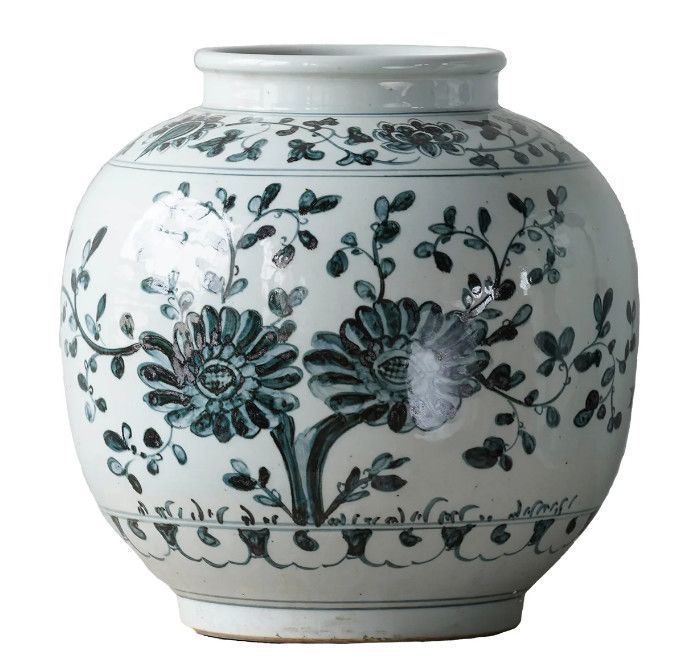 Hand-Painted Floral Motif Navy Porcelain Jar 14"Dia. x 15.25"H
