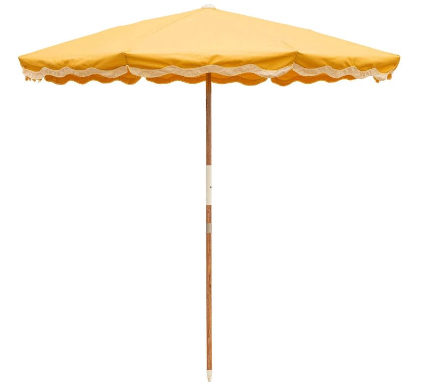 Outdoor Yellow & White Umbrella w/ Stained Wood Pole 7.5'W x 7'H