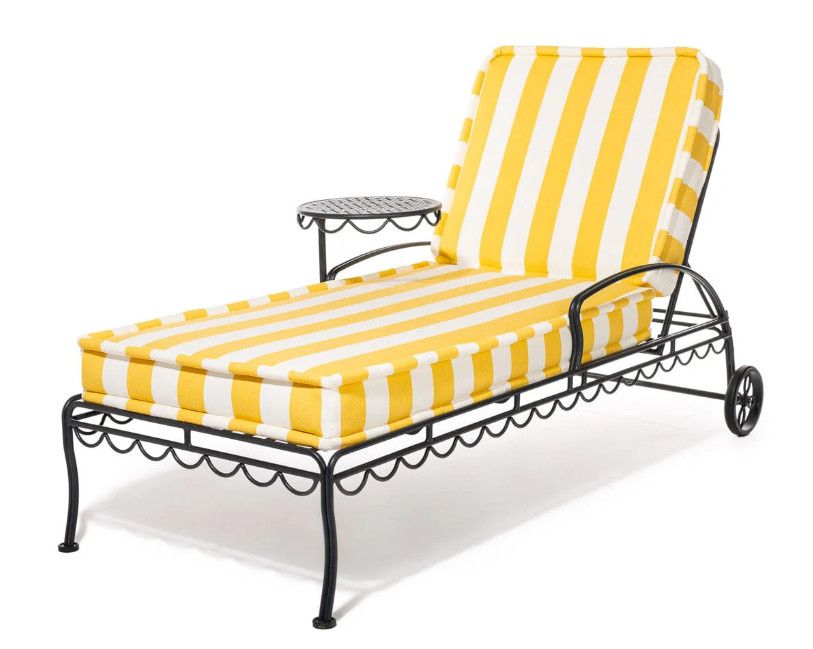 Outdoor Recliner Chaise Lounge w/ Yellow & White Striped All-Weather Performance Cushions & Black Steel Frame 72.1 Outdoor Recliner Chaise Lounge w/ Yellow & White Striped All-Weather Performance Cushions & Black Steel Frame 72.1"L x 28"W x 33.7"H