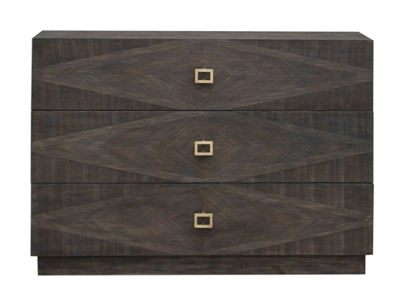 Three Drawer Stained Wood Chest w/ Brass Hardware 48"W x 16"D x 34"H