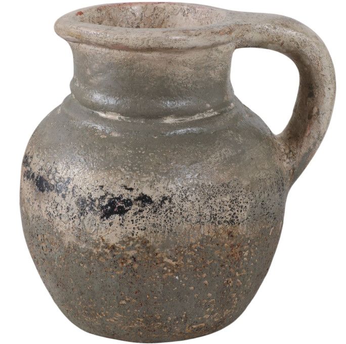 Green & Ivory Distressed Terracotta Vase w/ Handle 9"L x 8"W x 9"H