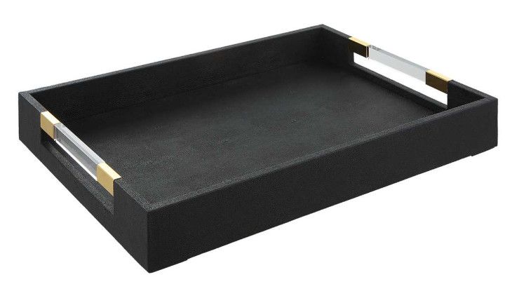 Black Faux Shagreen Tray w/ Brass & Acrylic Handles 19"W x 14"D x 3"H