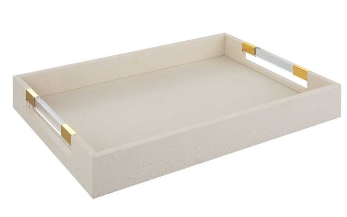 Neutral Faux Shagreen Tray w/ Brass & Acrylic Handles 19"W x 14"D x 3"H
