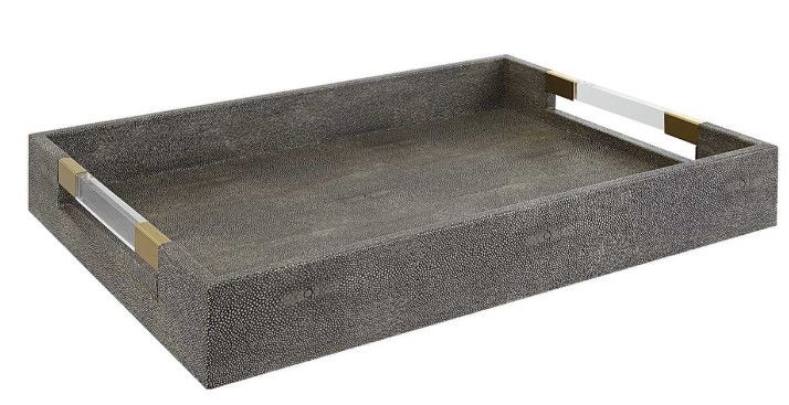 Grey Faux Shagreen Tray w/ Brass & Acrylic Handles 19"W x 14"D x 3"H