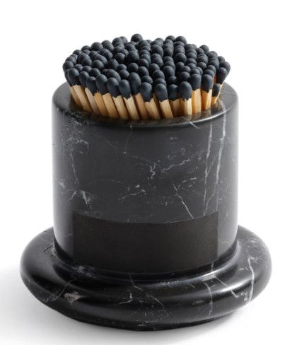 Black Tipped Matches in Black Marble Holder 3.5"Dia. x 3"H