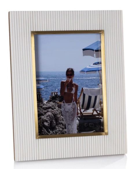 5x7 White Ribbed Resin w/ Brass Trim Picture Frame