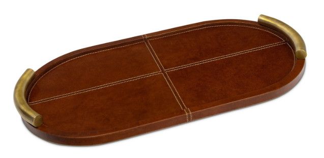 Oval Leather Tray w/ Brass Handles 19.75"W x 10.75"D x 1.5"H