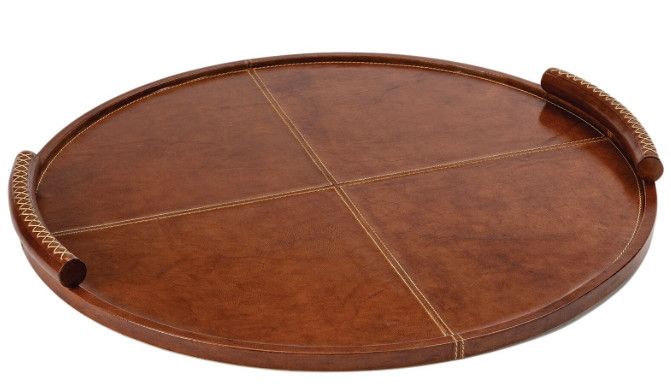 Round Chestnut Leather Tray w/ Handles 24"Dia. x 1.75"H