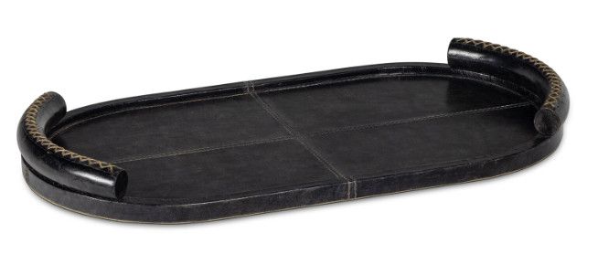 Oval Black Leather Tray w/ Handles 19.5"W x 10.25"D x 1.75"H