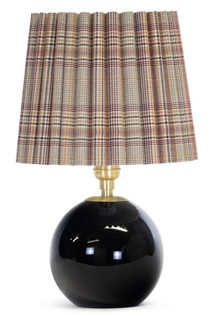 Black Glass Table Lamp w/ Brass Accents & Plaid Shade 9.5"Dia. x 14.75"H