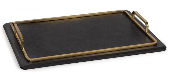 Rectangular Black Leather Tray w/ Brass Accents 22"W x 16"D x 2.75"H