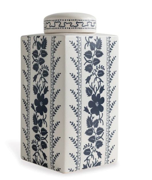 White & Blue Floral Motif Ceramic Tea Jar w/ Lid 8"Dia. x 16"H