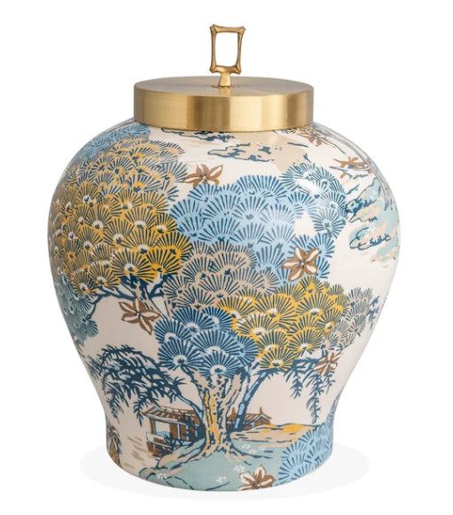 Ceramic Multi-Color Landscape Motif Jar w/ Brass Lid 12"Dia. x 15"H