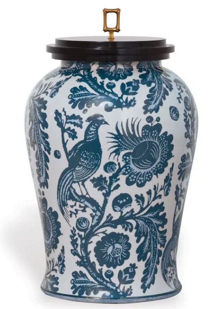 Ceramic White & Blue Floral Motif Jar w/ Black Wood Lid & Brass Finial 13"Dia. x 21"H