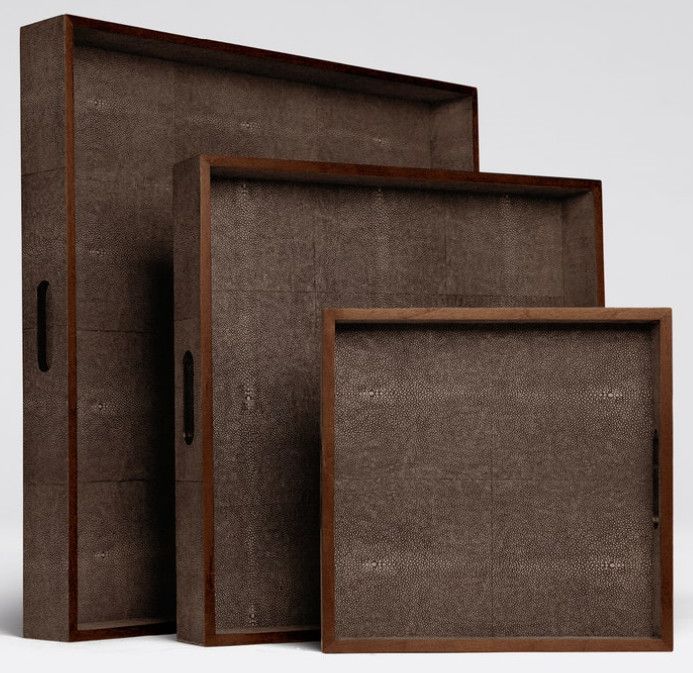 Small Realistic Dark Faux Shagreen Tray w/ Wood Trim Detail 12"L x 12"W x 2"H