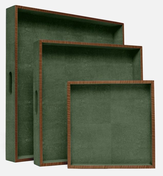 Large Realistic Green Faux Shagreen Tray w/ Wood Trim Detail 24"L x 24"W x 4"H