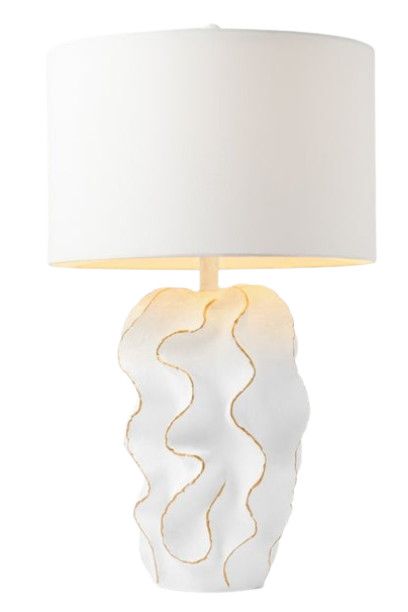Matte White Textural Sculpture Table Lamp w/ Gold Accents & Linen Shade 17"Dia. x 30"H