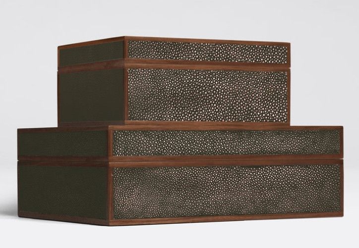 Large Realistic Dark Faux Shagreen Box w/ Wood Trim Detail 12"L x 10"W x 5"H