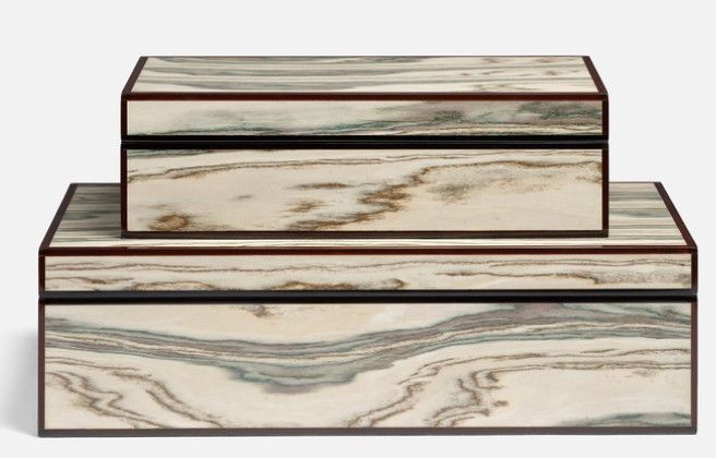 Small Neutral Swirled Veneer Box w/ Wood Trim Detail 12"L x 6"W x 3.5"H
