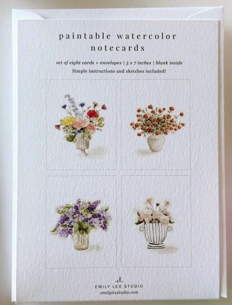 Set of Eight Paintable Bouquet Watercolor Notecards w/ Envelopes