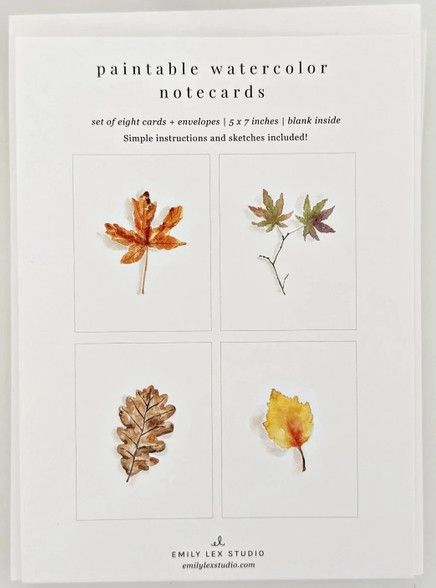 Set of Eight Paintable Autumn Botanical Watercolor Notecards w/ Envelopes