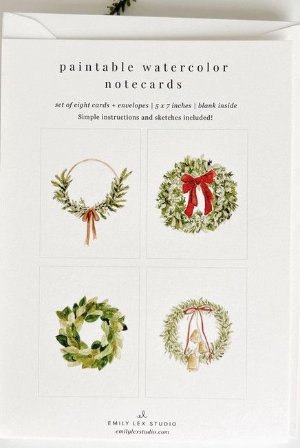 Set of Eight Paintable Wreath Watercolor Notecards w/ Envelopes