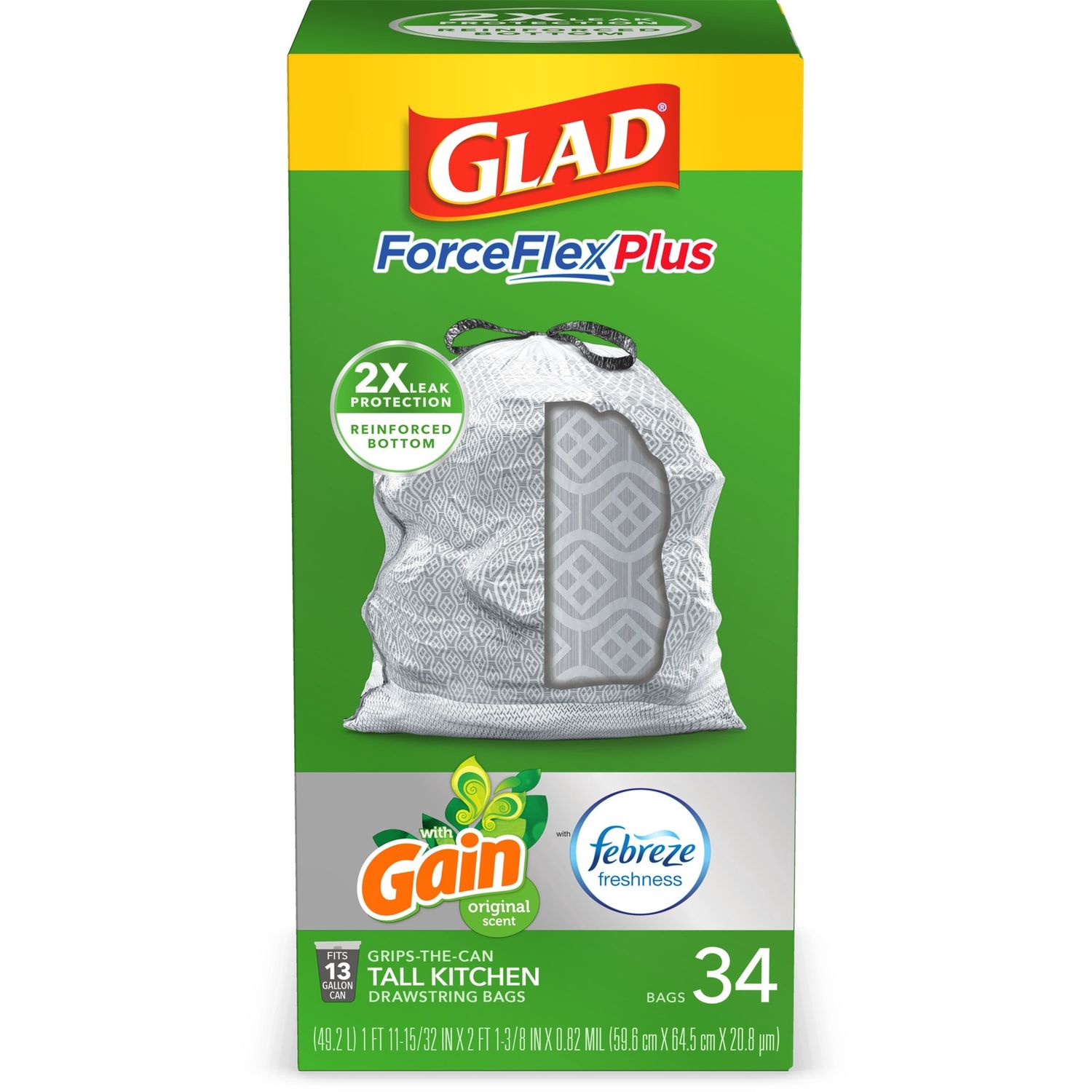 Glad ForceFlexPlus Tall Kitchen Drawstring Trash Bags, 13 Gallon Grey Trash Bag, Gain Original with Febreze Freshness 34 Count