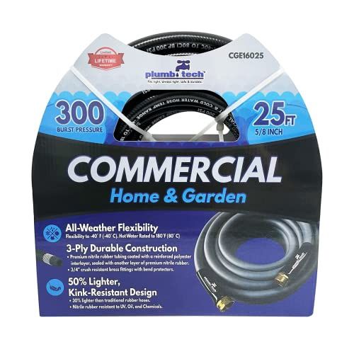 PlumbTech 5/8" X 25' Nitrile Rubber Multi-Purpose Hot/Cold Water Hose: Commercial, Home &amp; Garden Grade, Burst Pressure 300 PSI, Black