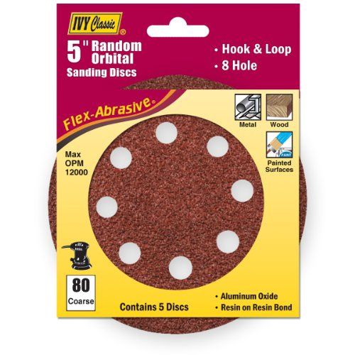 IVY Classic Flex-Abrasive 5-Inch - 8-Hole 80 Grit Coarse Random Orbital Sanding Disc, 5/Card