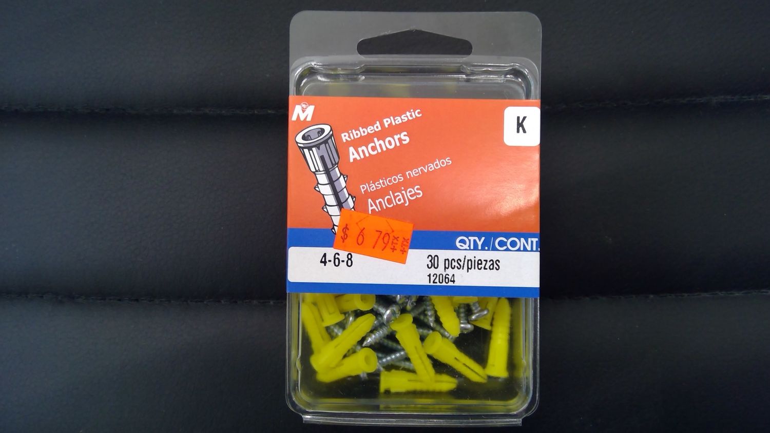 Ribbed plastic anchors kit with screws and bit (K), Size: 6-8