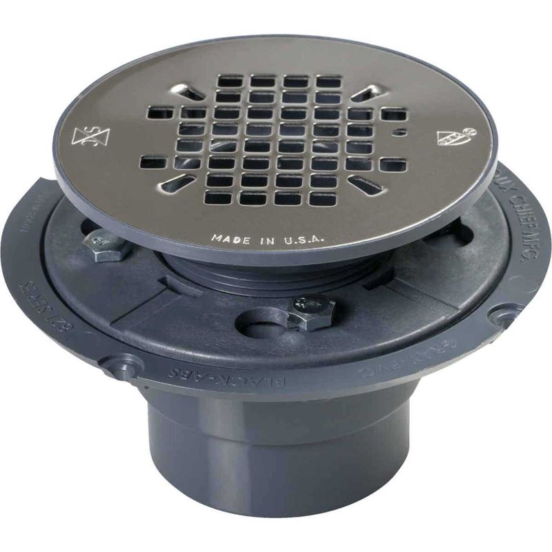 PVC SHOWER DRAIN W ROUND STAINLESS STEEL SNAP -IN STRAINER