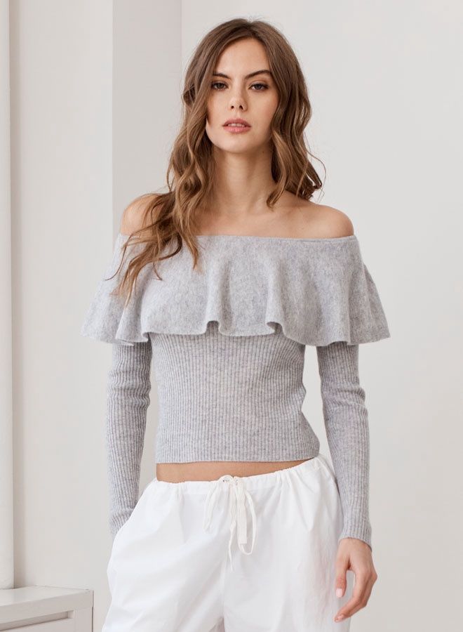 RIB OFF SHOULDER RUFFLE TOP