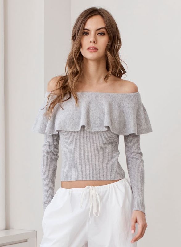 RIB OFF SHOULDER RUFFLE TOP