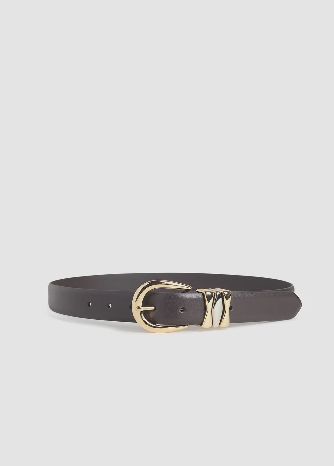 THE WILLIAM SPLIT DECISION BELT, Color: DARK BROWN/POLISHED GOLD, SIZE: XS