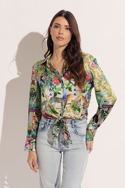 CROP TIE FRONT JUNGLE PRINT BLOUSE