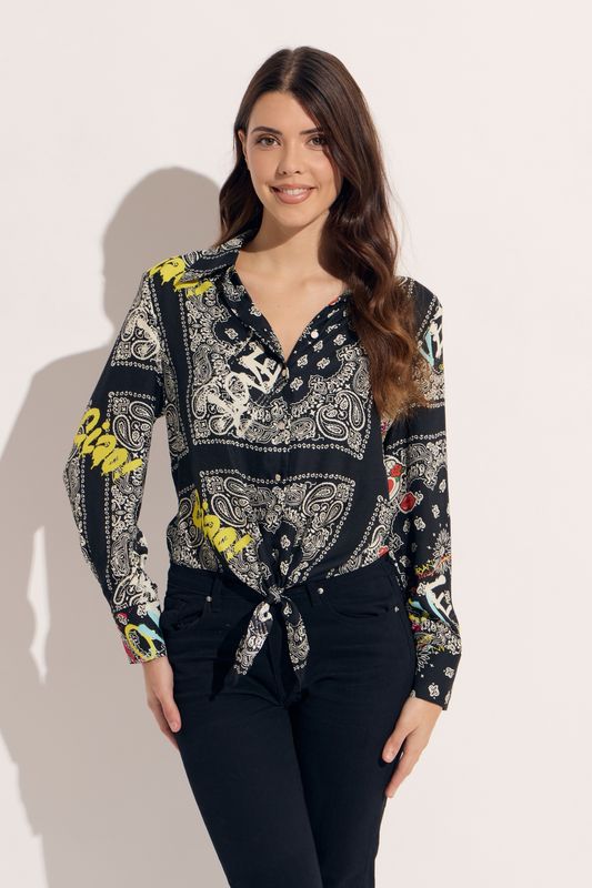 BANDANA PRINT GRAFFITI TIE FRONT BLOUSE