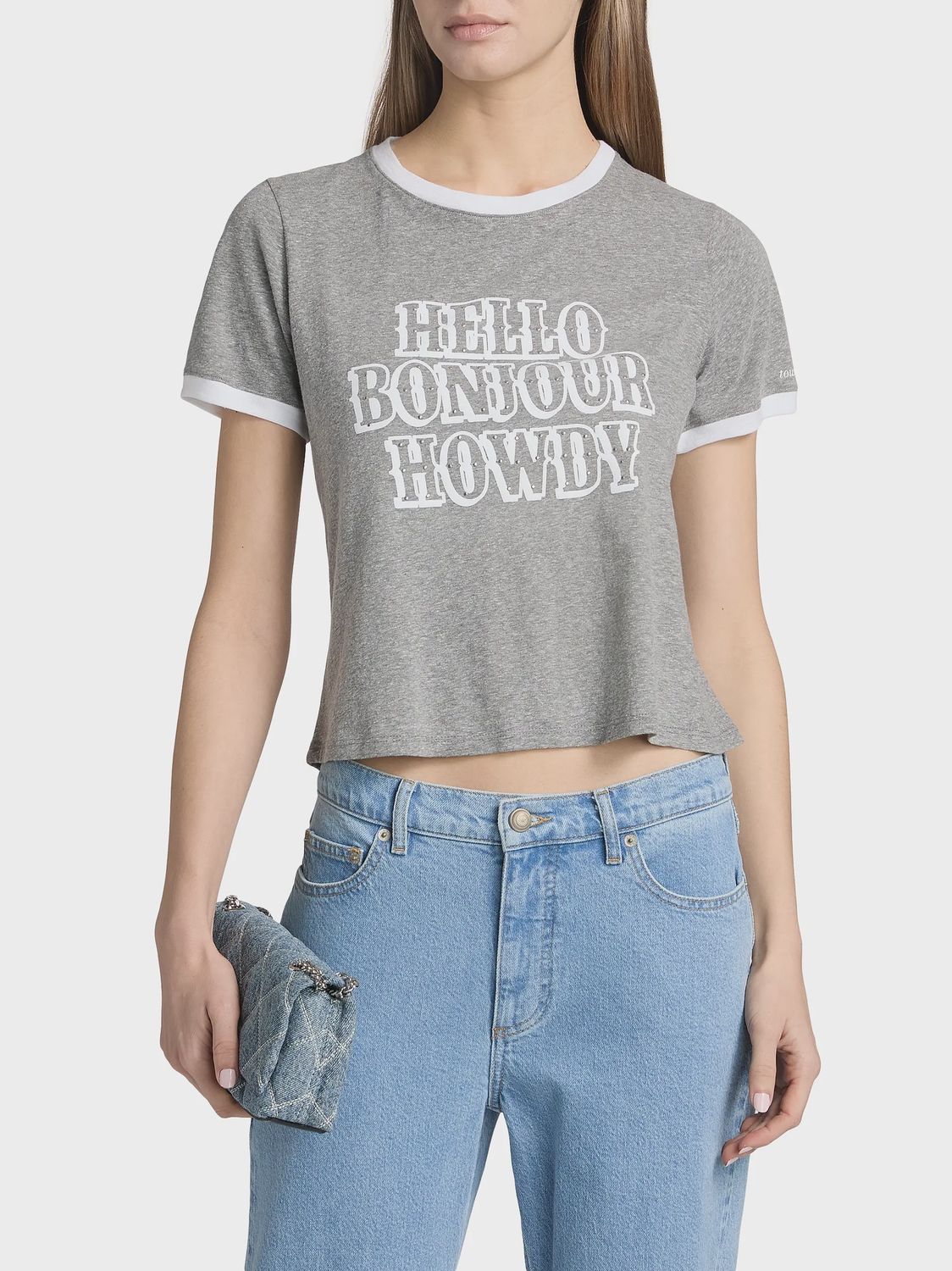 STUDDED HELLO BONJOUR HOWDY SHRUNKEN TEE