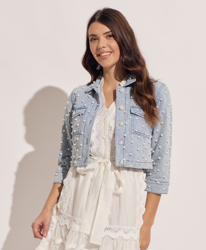 DIAGONAL DENIM WITH PEARL COMBO TRIM SHORT JACKET
