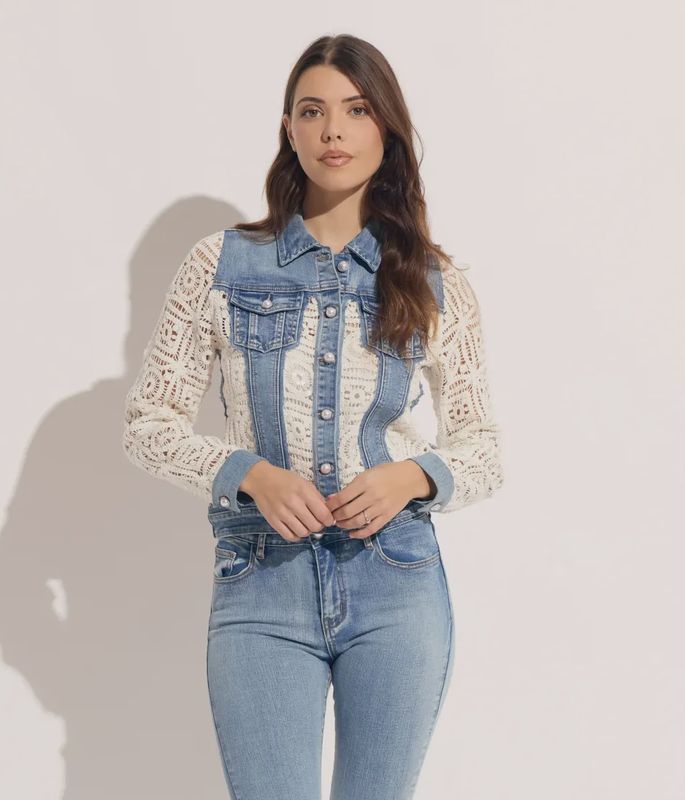 CLEAR SEQUENCE CROCHET/DENIM COMBO JEAN JACKET
