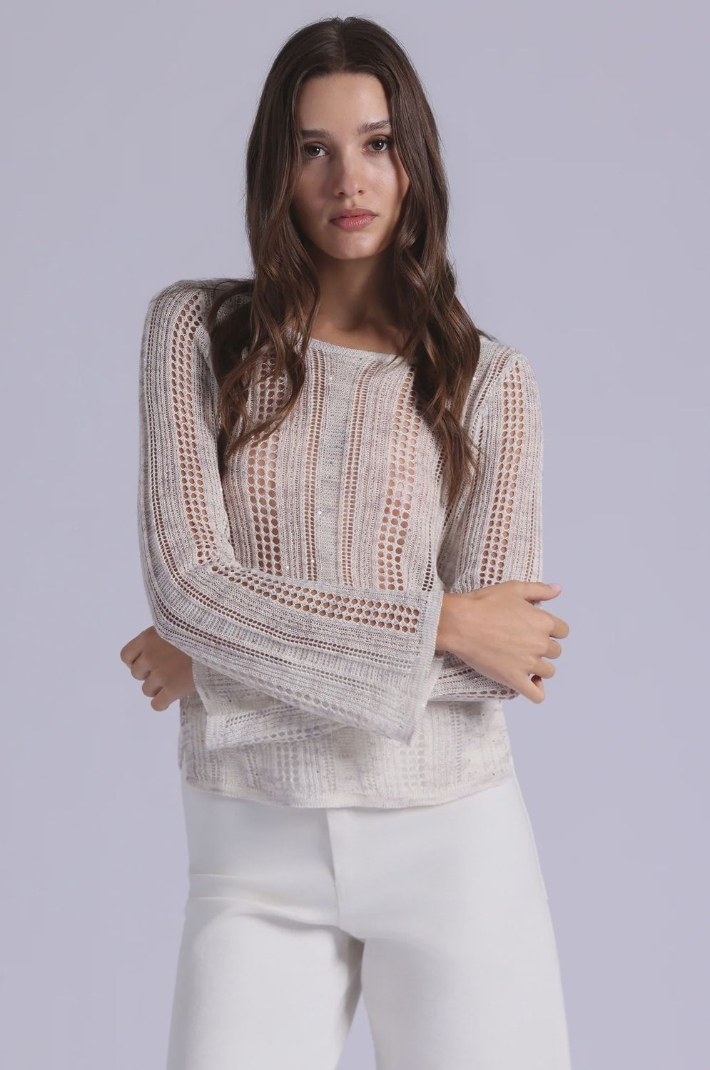 SEQUIN POINTELLE STRIPE BELL SLEEVE BOAT NECK