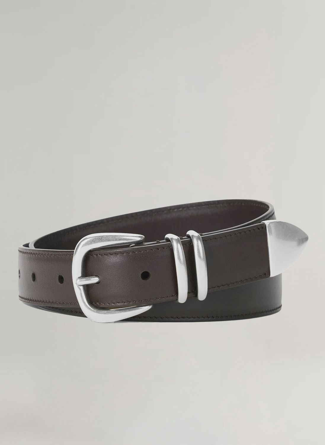 CARSON LEATHER BELT, Color: DEEPEST BROWN/SHINY SILVER, SIZE: S