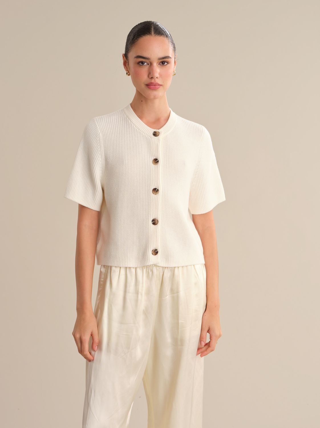 GINEVRA SHORT SLEEVE SHAKER CARDIGAN, Color: CHALK, SIZE: XS