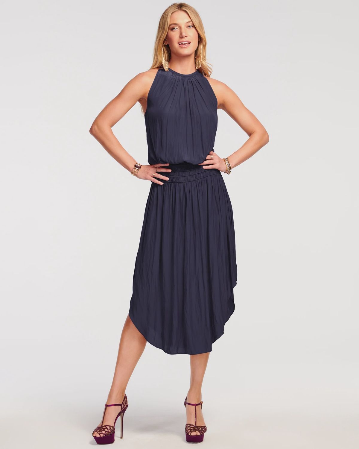 AUDREY SMOCKED MIDI DRESS, Color: NAVY, SIZE: XS