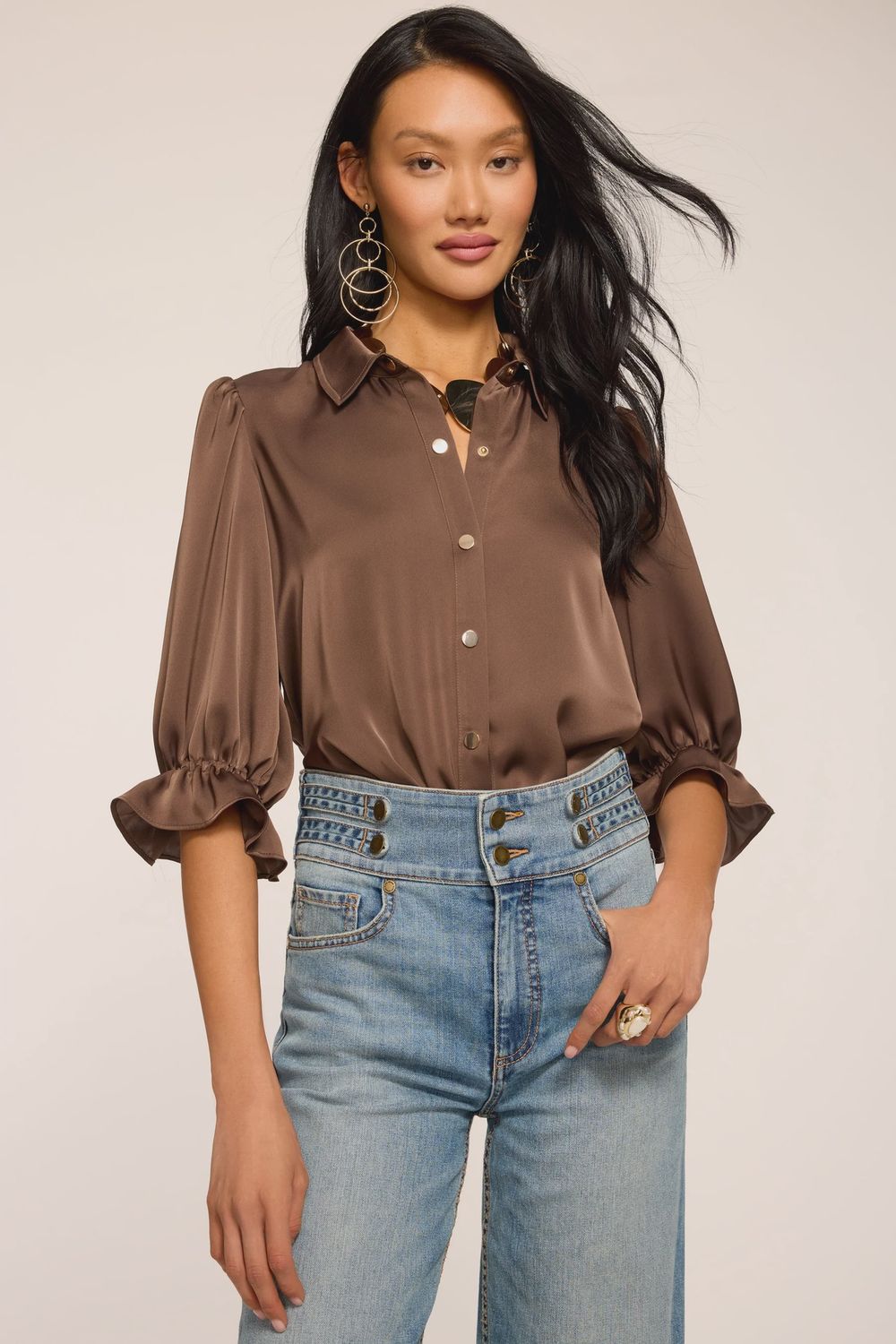DINA BUTTON DOWN BODYSUIT, Color: SEPIA, SIZE: XS