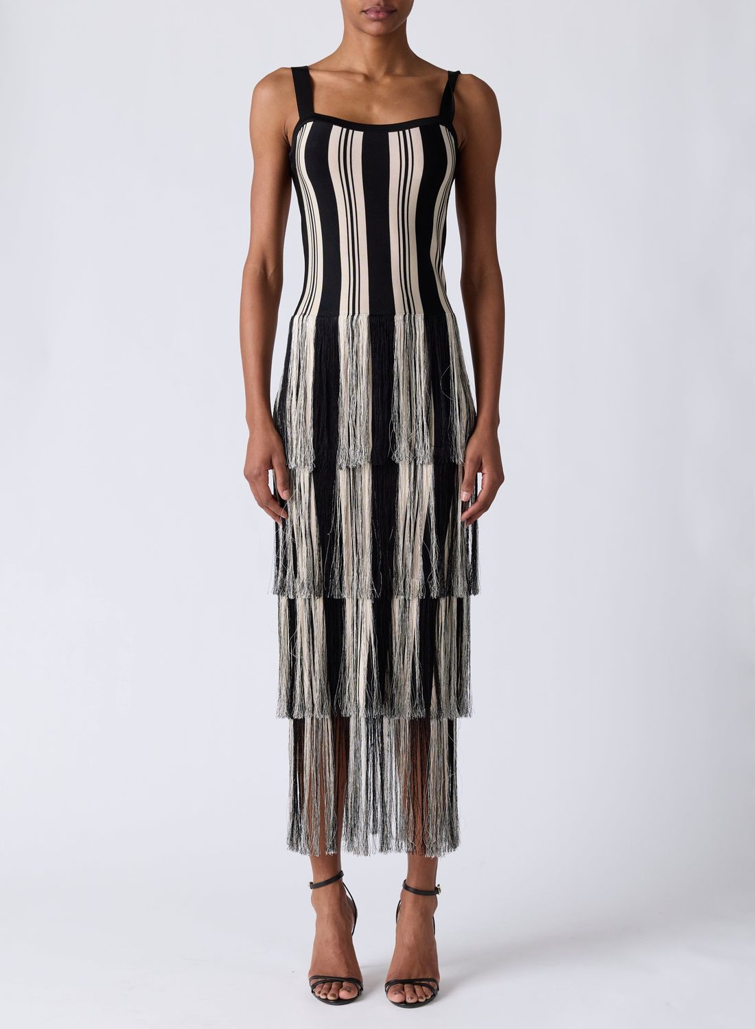 LEO MIDI DRESS WITH FRINGE, Color: JET/NATURAL STRIPE, SIZE: S