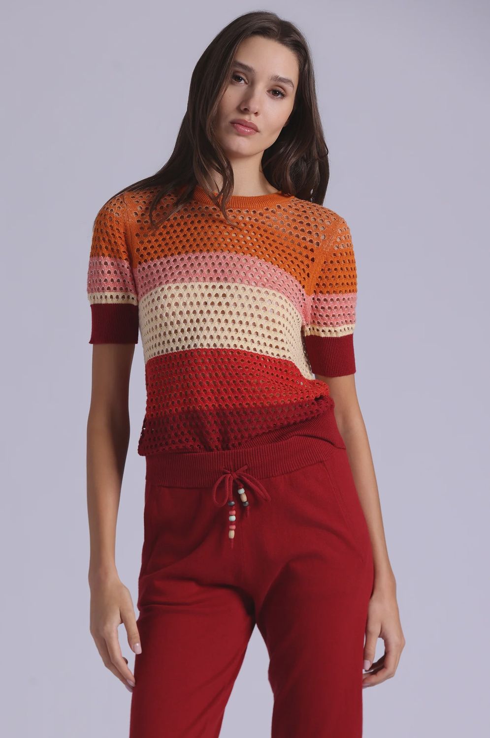 PLAITED MESH STRIPED SHORT SLEEVE CREW, Color: WARM COMBO, SIZE: XS