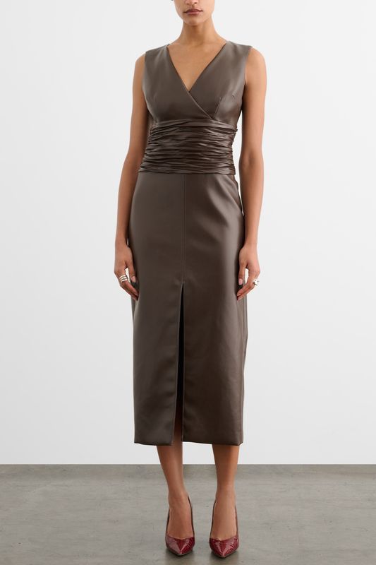 FABIANA V NECK RUCHED MIDI DRESS