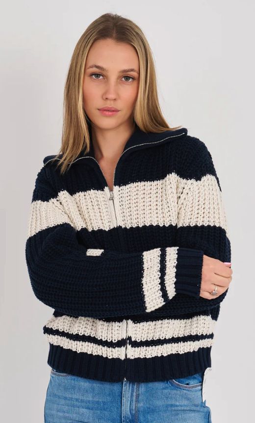 NOA COTTON CHUNKY ZIP UP, Color: NAVY/ECRU, SIZE: XS