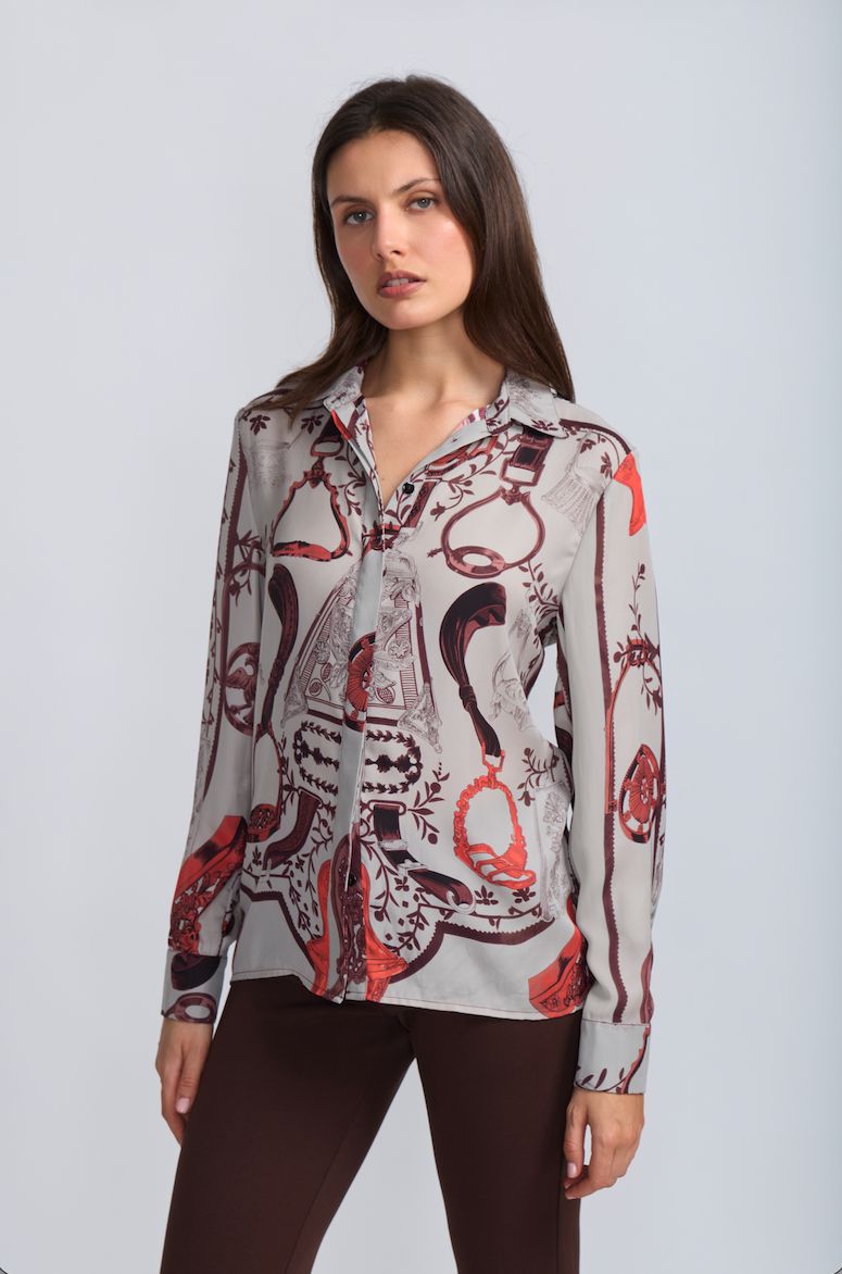SADDLE PRINT BUTTON DOWN BLOUSE, Color: MULTI, SIZE: XS